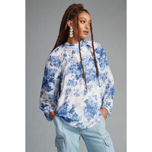 Anthropologie Maeve Sheer Tunic Blouse Blue & White Floral Long Sleeve Size S